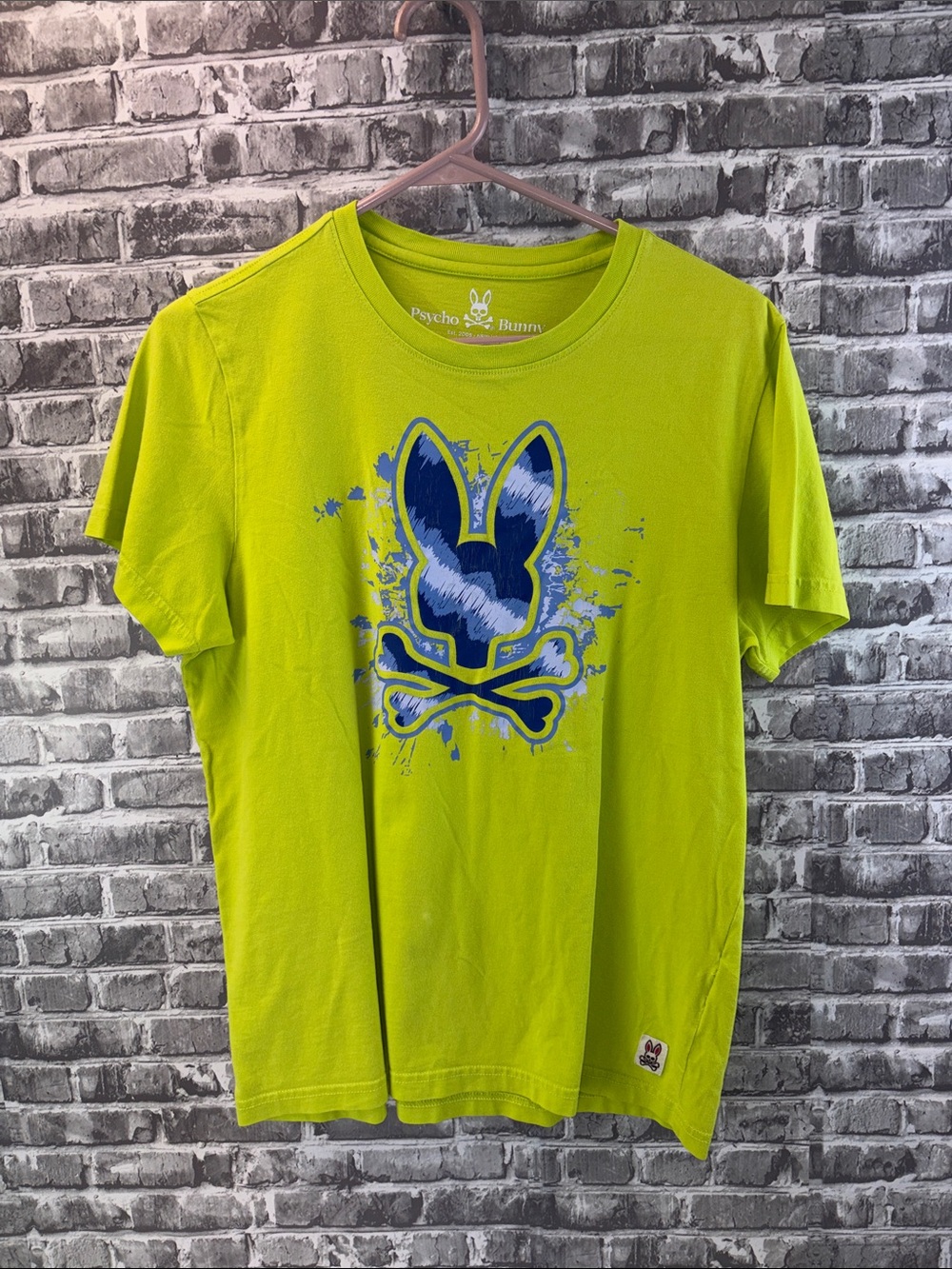 Psycho Bunny Neon Lime Short Sleeve Tee with Blue Graphic